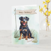 Beauceron fokhond buiten onder verjaardagsbord kaart (Gele Bloem)