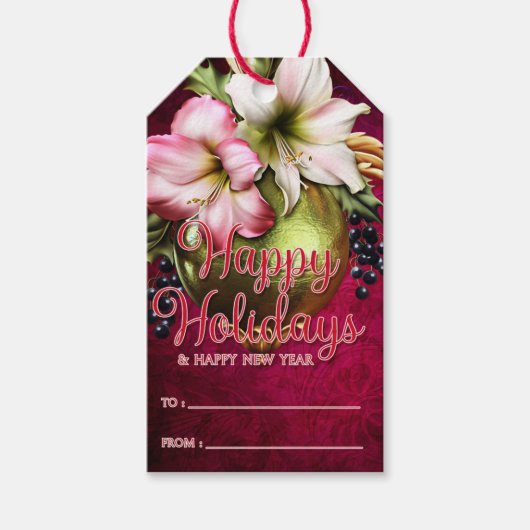 Beauful Amaryllis en Ornament Prettige feestdagen Cadeaulabel (Voorkant)