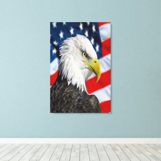Beauful Bald Eagle head and a American flag 1 Canvas Afdruk (Insitu (Houten vloer))