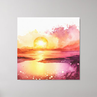 Beauful Beach Waterverf Sunset Canvas Afdruk