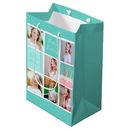Beauful Birthday Girl Photo Collage Custom Blauwgr Medium Cadeauzakje (Voorkant Gekanteld)
