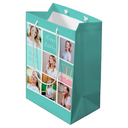 Beauful Birthday Girl Photo Collage Custom Blauwgr Medium Cadeauzakje (Achterkant Gekanteld)