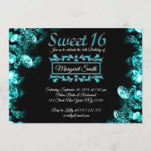 Beauful Black Turquoise Diamonds Sweet 16 Invite Kaart