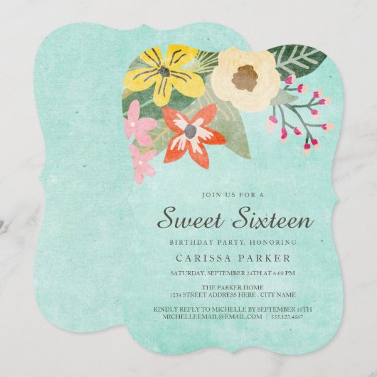 Beauful Blooms Sweet Sixteen Birthday Uitnodiging (Voorkant / Achterkant)