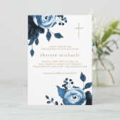 Beauful Blue Floral Cross Baptisme Kaart (Staand voorkant)