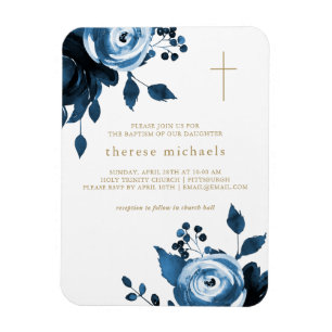 Beauful Blue Floral Cross Baptisme Magneet