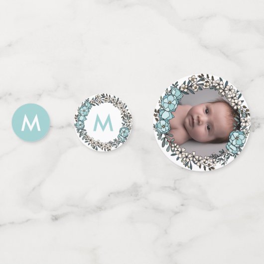 Beauful Blue Floral Lijst Cross Photo Baptisme Confetti (Voorkanten)