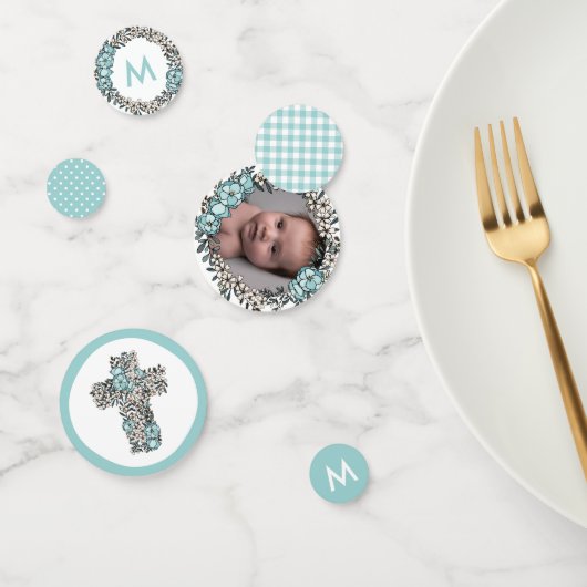 Beauful Blue Floral Lijst Cross Photo Baptisme Confetti (Groep)