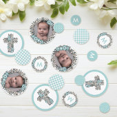 Beauful Blue Floral Lijst Cross Photo Baptisme Confetti