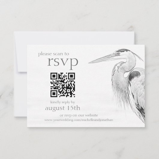 Beauful Blue Heron Bird Sketch Wedding QR Code RSVP Kaartje (Voorkant)