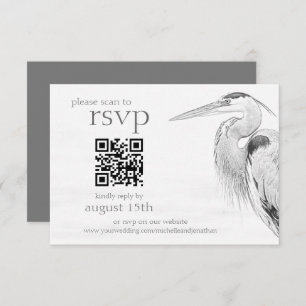 Beauful Blue Heron Bird Sketch Wedding QR Code RSVP Kaartje