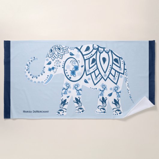 Beauful Blue India Elephant Name Beach Towel Strandlaken (Voorkant)