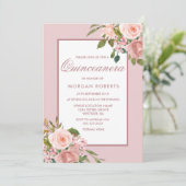 Beauful Blush Flowers Quinceanera Party Invite Kaart (Staand voorkant)