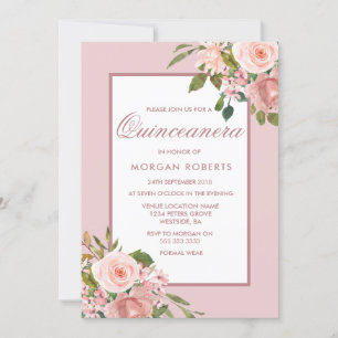 Beauful Blush Flowers Quinceanera Party Invite Kaart