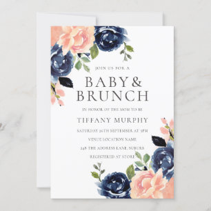 Beauful Blush & Navy Flowers Baby shower Brunch Kaart