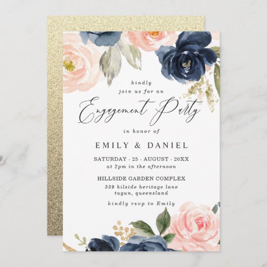 Beauful Blush & Navy Flowers Engagement Party Kaart (Voorkant / Achterkant)