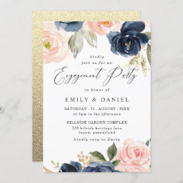 Beauful Blush & Navy Flowers Engagement Party Kaart