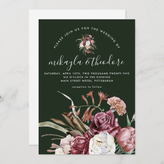 Beauful Boho Floral Dark Green Wedding Kaart (Voorkant / Achterkant)