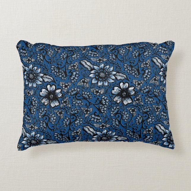 Beauful Boho Flowers | Klassiek blauw Accent Kussen (Voorkant)