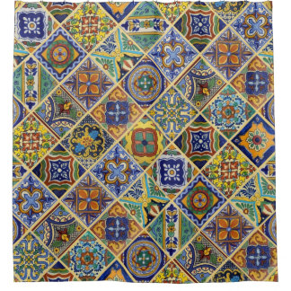 Beauful Boho Talavera Tile Douchegordijn