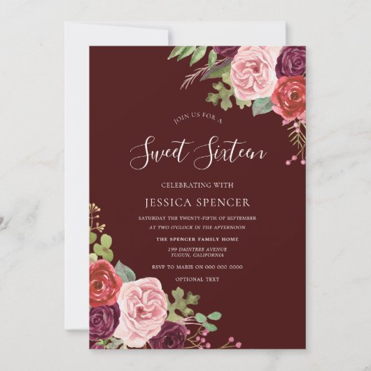 Beauful Burgundy Flowers Sweet 16 Invite Kaart (Voorkant)