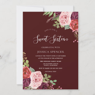 Beauful Burgundy Flowers Sweet 16 Invite Kaart
