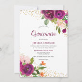 Beauful Burgundy Pink Floral Quinceanera Invite Kaart (Voorkant)