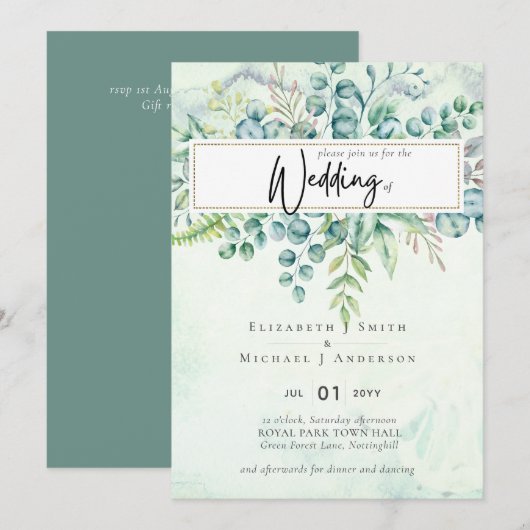 Beauful Dusty Sage Eucalyptus Greenery Invite (Voorkant / Achterkant)