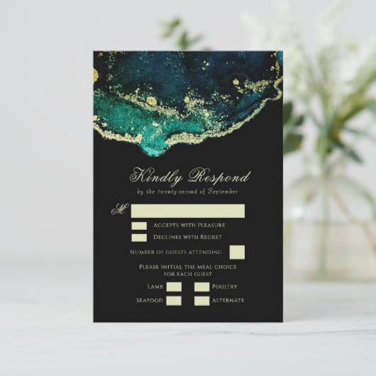 Beauful Emerald Green Black Gold Wedding RSVP Kaartje (Staand voorkant)