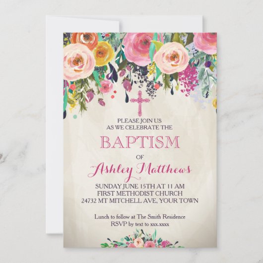 Beauful Floral Baptism Invitation, Baby Kaart (Voorkant)