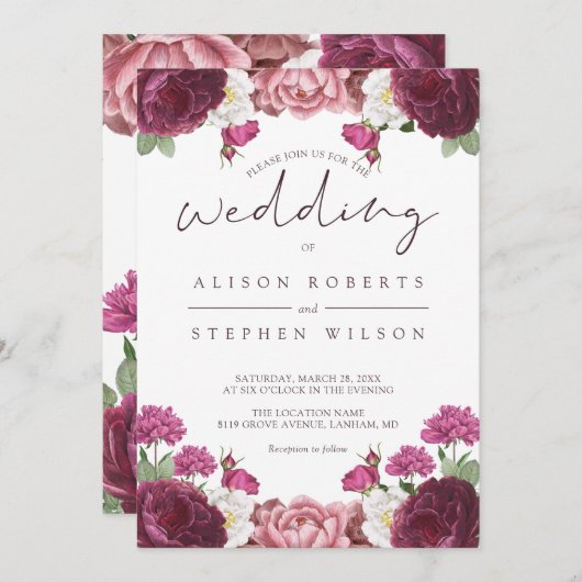 Beauful Floral Burgundy Wedding Kaart (Voorkant / Achterkant)