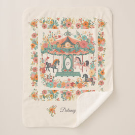 Beauful Floral Carousel Horse Custom Monogram Sherpa Deken