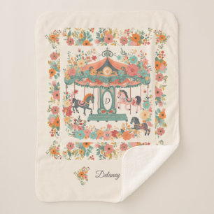 Beauful Floral Carousel Horse Custom Monogram Sherpa Deken