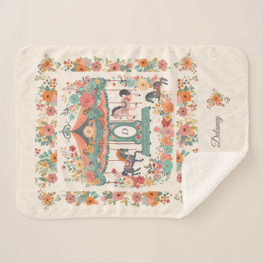 Beauful Floral Carousel Horse Custom Monogram Sherpa Deken (Voorkant (horizontaal))