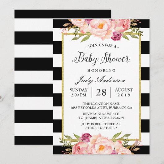 Beauful Floral Decor Modern Stripes Baby shower Kaart (Voorkant / Achterkant)