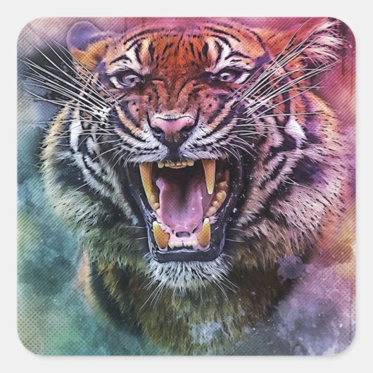 Beauful Growling Bengal Tiger Foto Vierkante Sticker (Voorkant)