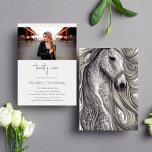 Beauful Horse Modern Script Foto 21st Birthday Kaart<br><div class="desc">Deze moderne manuscript 21st de uitnodiging van de verjaardagspartij is perfect voor om het even welke paardenliefhebber. De voorzijde is voorzien van een modern, minimalistisch ontwerp met één enkele horizontale foto. Er is een prachtig zilvergrijs paard op de achterkant. Alle doopvonten en kleuren kunnen, op de voorzijde van de uitnodiging...</div>