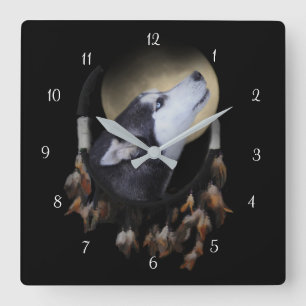 Beauful Husky Dog en Dream Catcher Vierkante Klok