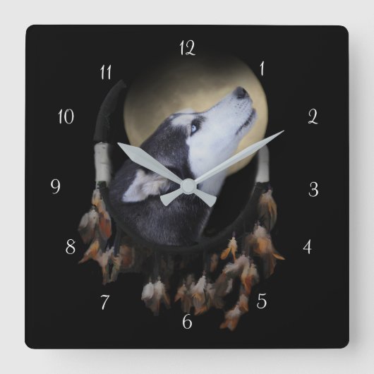 Beauful Husky Dog en Dream Catcher Vierkante Klok (Voorkant)