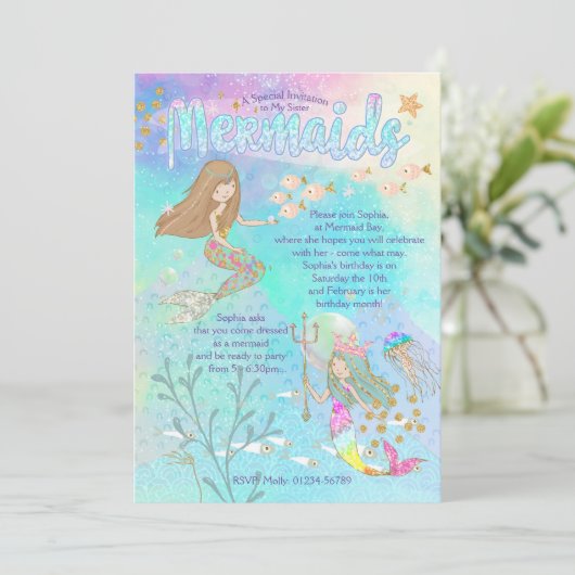 Beauful Mermaid Birthday Uitnodiging (Staand voorkant)