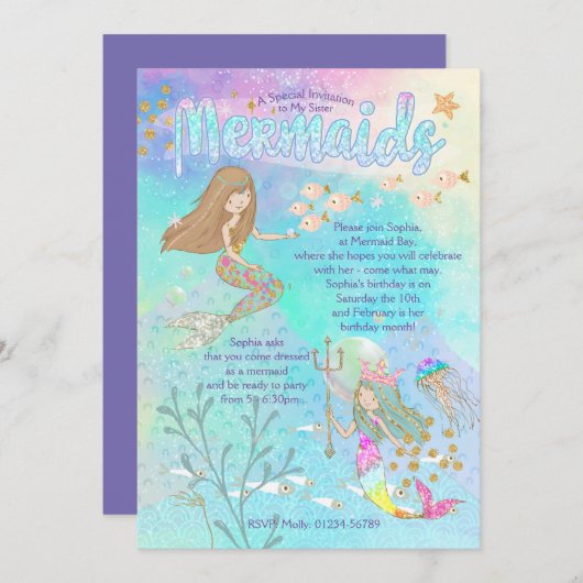 Beauful Mermaid Birthday Uitnodiging (Voorkant / Achterkant)