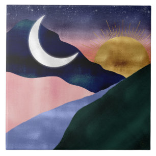 Beauful Mountain River Moon Sunset Design Tegeltje