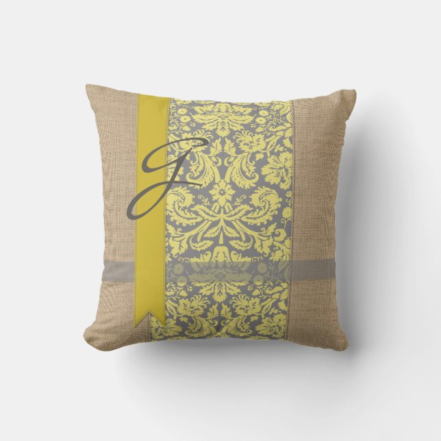 Beauful Natural Burlap Yellow Grey Damask Ribbon Buitenkussen (Voorkant)