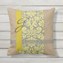 Beauful Natural Burlap Yellow Grey Damask Ribbon
