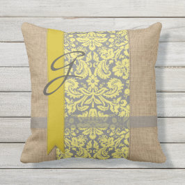 Beauful Natural Burlap Yellow Grey Damask Ribbon Buitenkussen