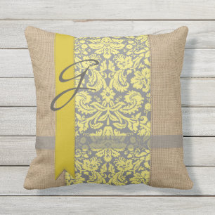 Beauful Natural Burlap Yellow Grey Damask Ribbon Buitenkussen