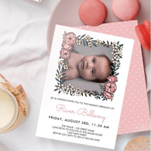 Beauful Pink Floral Lijst Photo Naming Ceremony Kaart