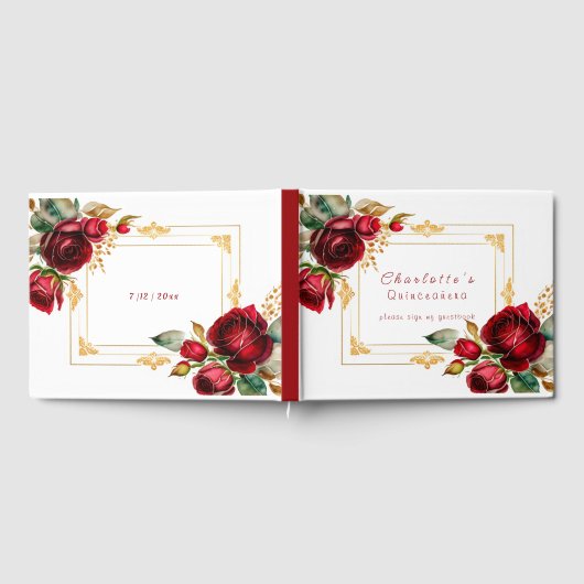 Beauful Red Roses Gold Filigree Quinceañera Gastenboek (Volledig)