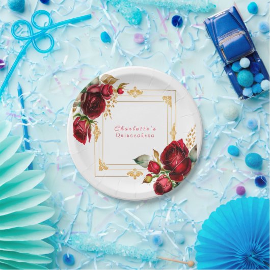 Beauful Red Roses Gold Filigree Quinceañera Papieren Bordje (Feest)