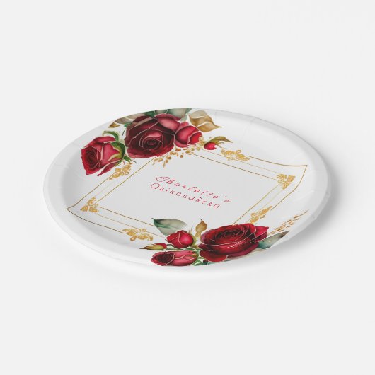 Beauful Red Roses Gold Filigree Quinceañera Papieren Bordje (Gekanteld)